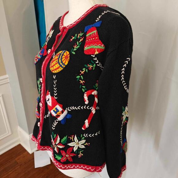 Designers Originals Studio Women M Black Christmas Cardigan Ugly Sweater bells - Picture 10 of 12